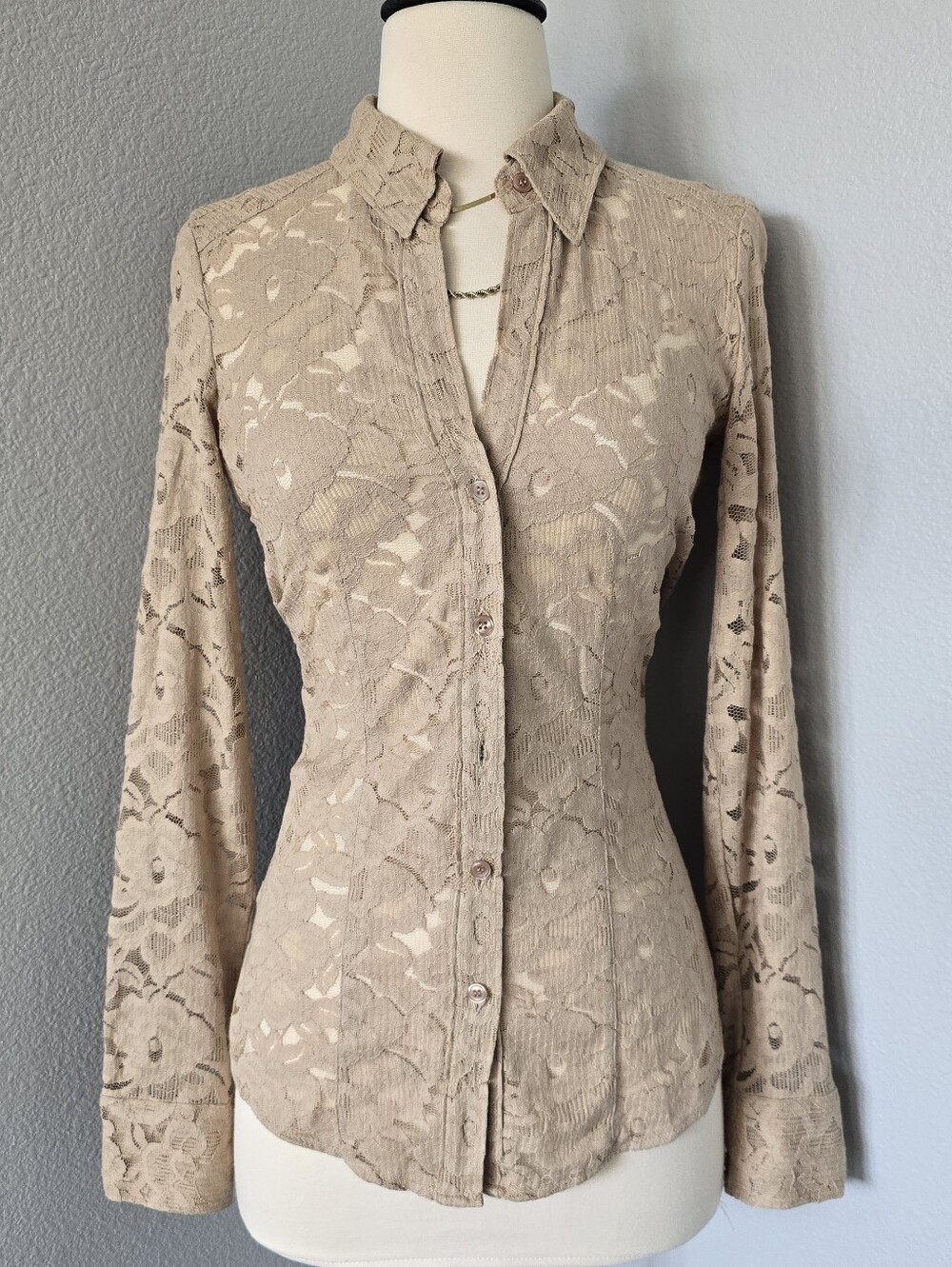 Vintage Y2K New York & Company Cotton Lace Button Up Top XS Extra Small